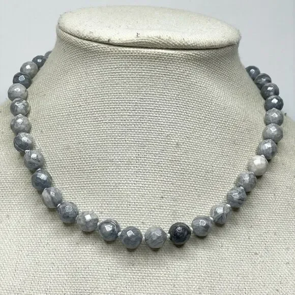 Stunning Unique Gray Picasso Jasper Gemstone Beaded Knotted Necklace 19 Boho